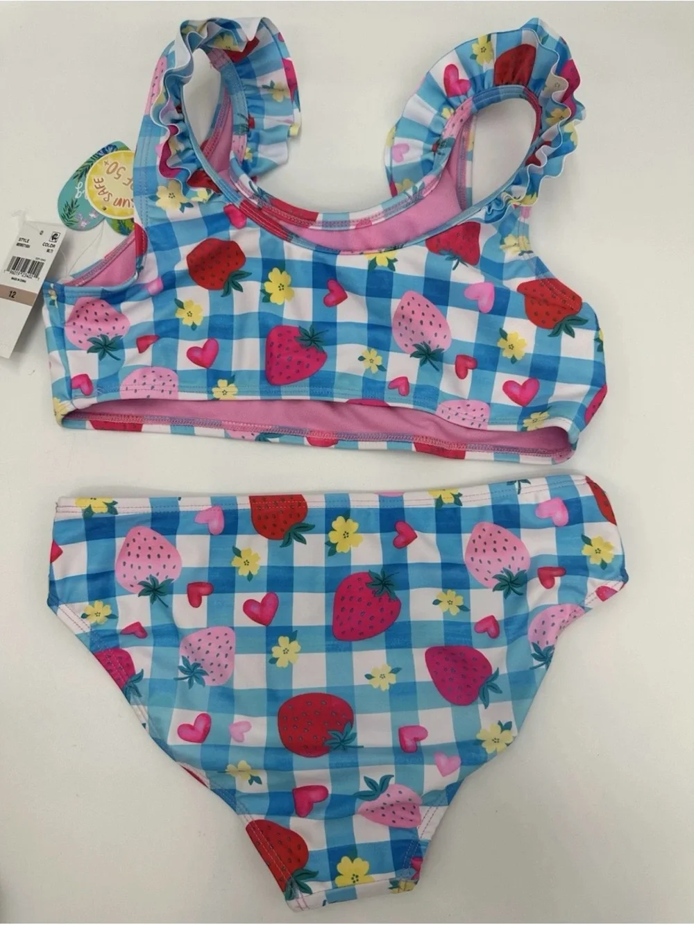 Girls' Strawberry Gingham Ruffle Bikini - Pink & Blue